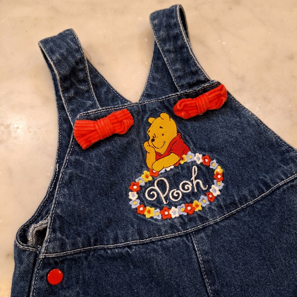 Vintage 90s Disney Winnie the Pooh Overalls 12M Denim Hot Pink Corduroy Bows